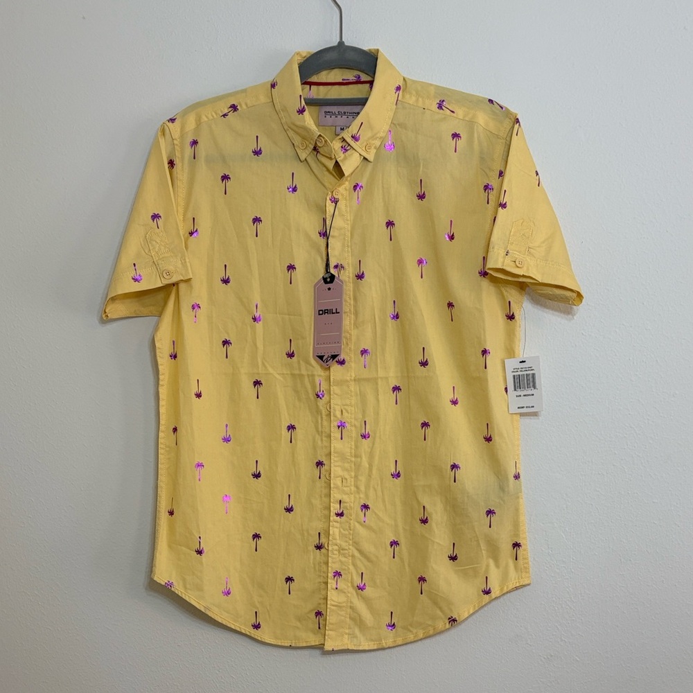 Drill Yellow with Metallic Purple Palm Tree Print Men's Casual Shirt Sz Med NWT